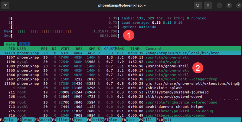The htop command in Linux.