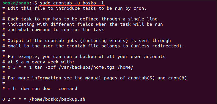 Listing cron jobs for a specific user in Linux.