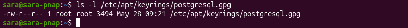 ls -l /etc/apt/keyrings/postgresql.gpg terminal output