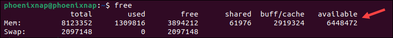 Using the free command to check memory usage in Linux.