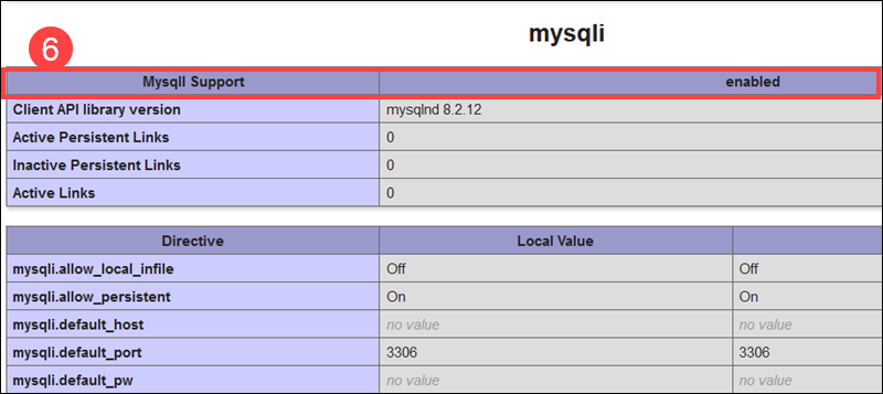 mysqli extension in the info.php file.