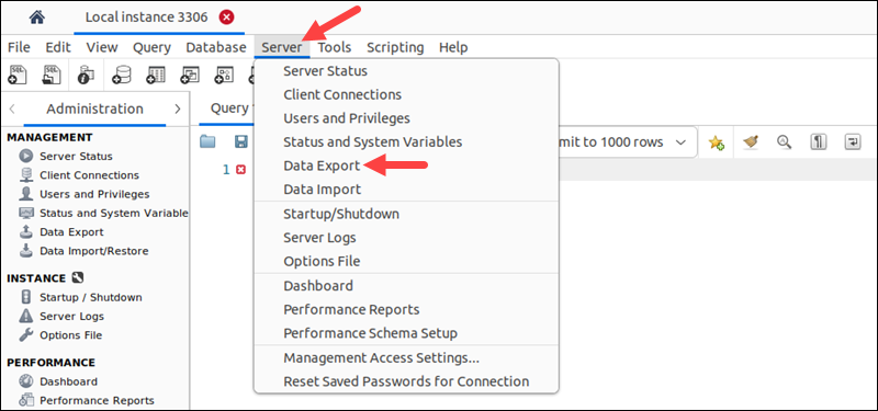 Finding the Data Export section in MySQL Workbench.
