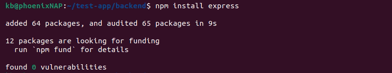 npm install express terminal output