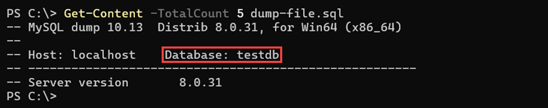 Checking the mysqldump file with the Get-Content command.