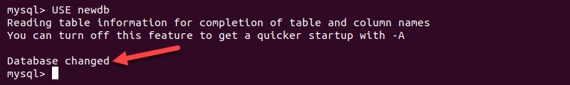 Output from the USE command in MySQL.