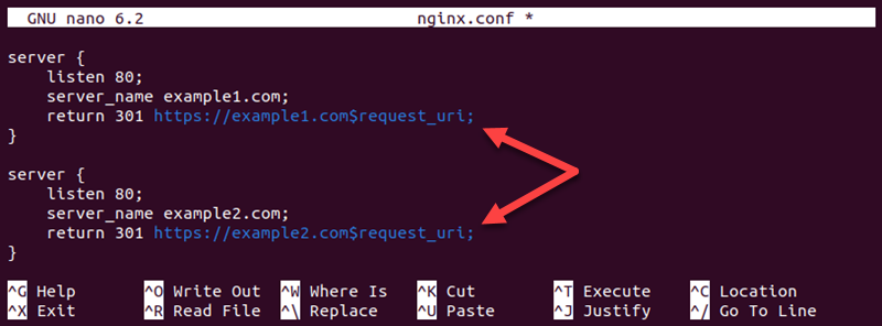 Redirecting two servers in the Nginx configuration file.