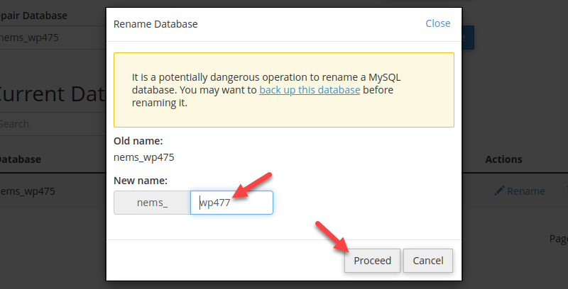 Renaming a database in cPanel.