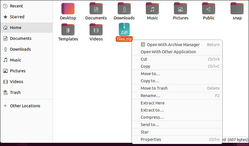 Right-clicking an archive in Ubuntu