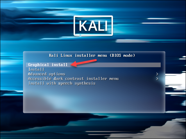 The Graphical install option in the Kali Linux installer menu.
