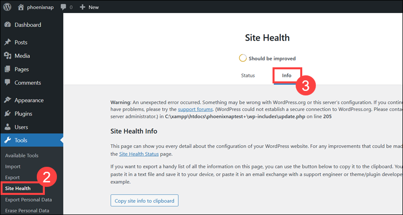 Site health information in WordPress.