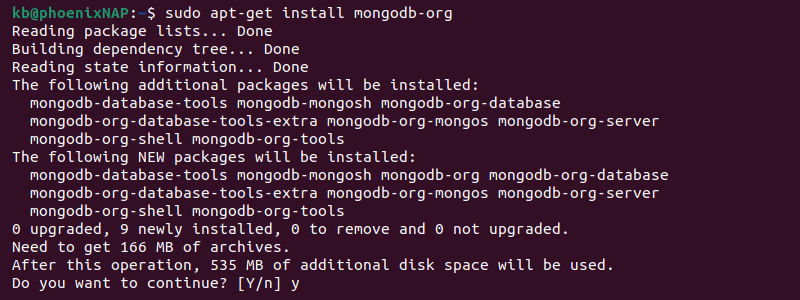 sudo apt-get install mongodb-org terminal output