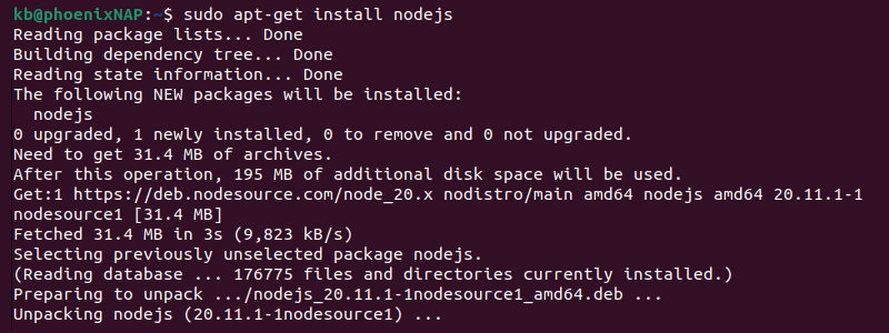 sudo apt-get install nodejs terminal output