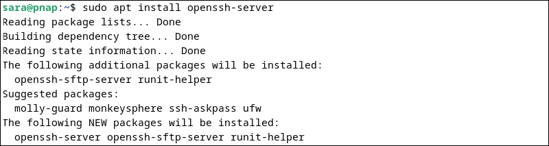 sudo apt install openssh-server terminal output