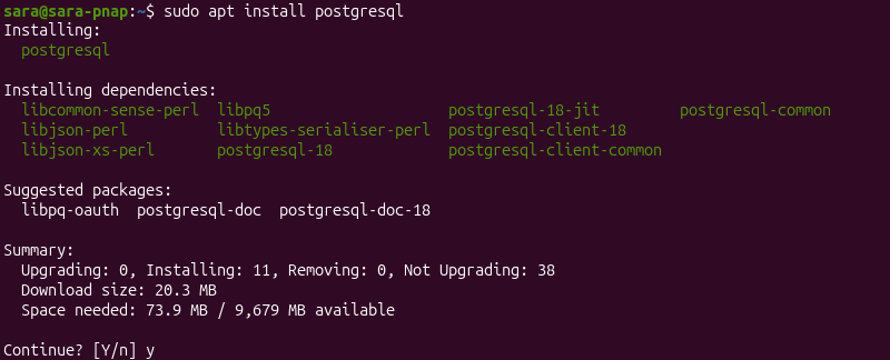 sudo apt install postgresql terminal output