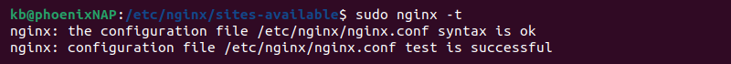 sudo nginx -t configuration syntax terminal output