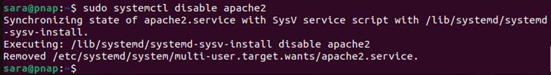 sudo systemctl disable apache2 terminal output