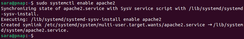 sudo systemctl enable apache2 terminal output