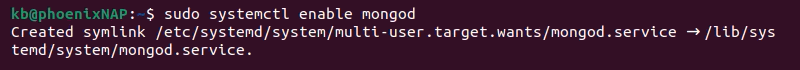 sudo systemctl enable mongod terminal output
