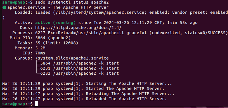 sudo systemctl status apache2 terminal output- service is active