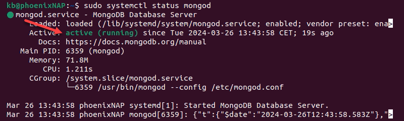 sudo systemctl status mongod active running terminal output