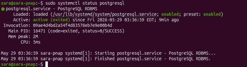 sudo systemctl status postgresql terminal output