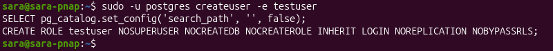 sudo -u postgres createuser -e testuser terminal output