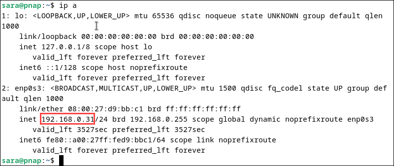 terminal output for ip a