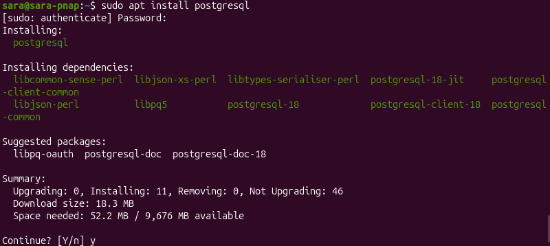 terminal output for sudo apt install postgresql