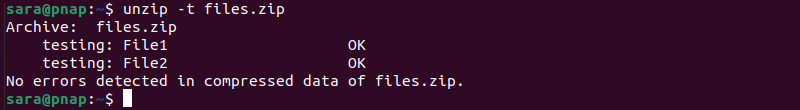 Terminal output for unzip -t