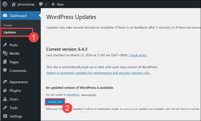 Update WordPress from Dashboard.