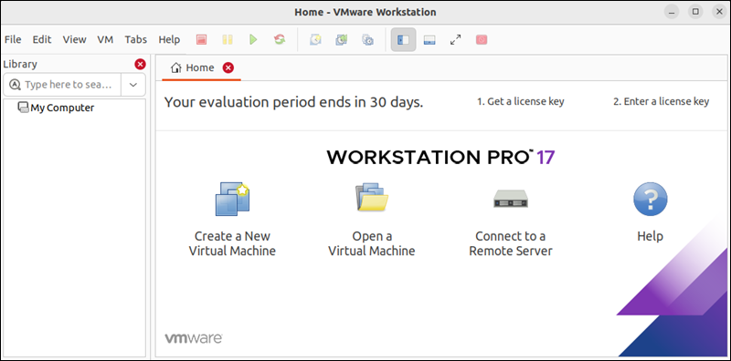 VMware Workstation Pro 17 home screen.