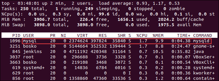 Checking resource usage with the top command in Linux.