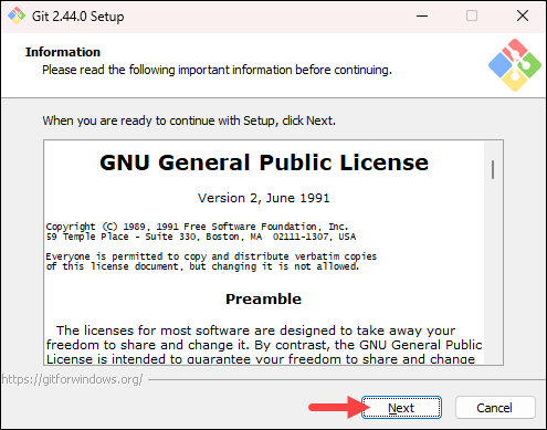 Accepting the GNU General Public License before installing Git on Windows.