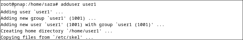 Debian adduser user1 terminal output