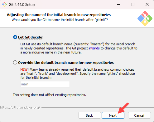 Choosing the initial Git branch name during installation.