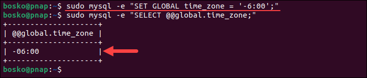sudo mysql -e "SELECT @@global.time_zone;" terminal output