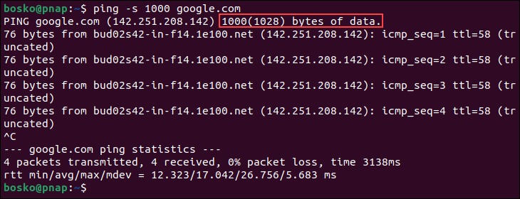 Changing the default ping packet size.