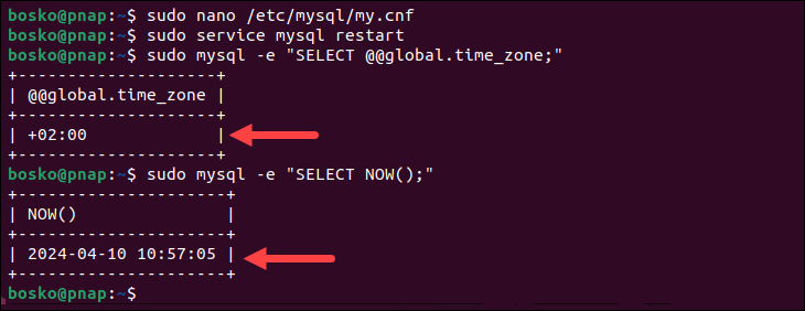Checking MySQL time zone after editing the MySQL configuration file.