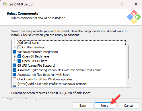 Selecting the components for Git installation.