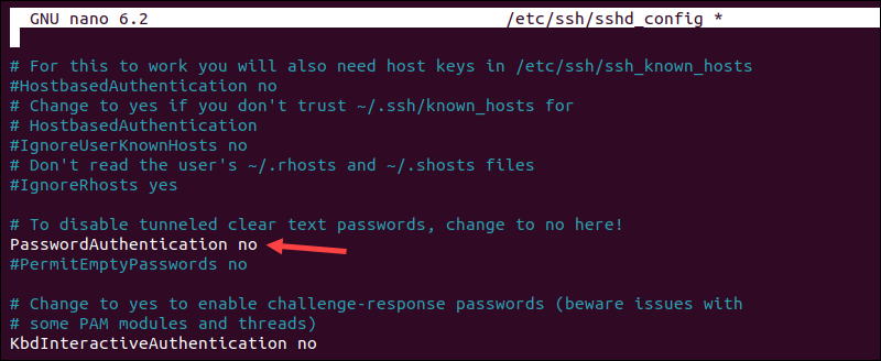 Disabling password-based authentication in the sshd_config file in Ubuntu.