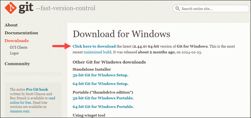 Downloading the Git installer for Windows.