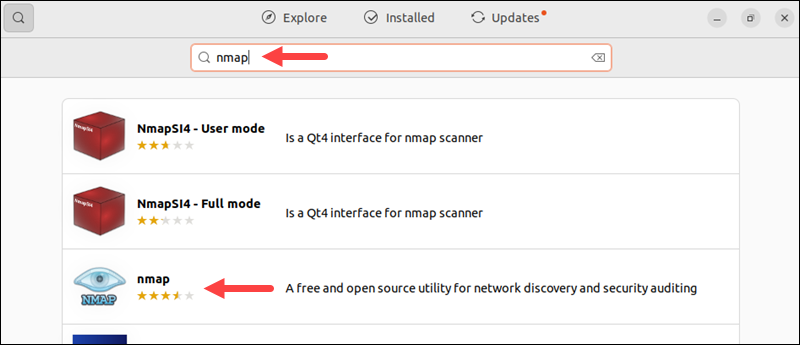Searching for nmap in Ubuntu software.