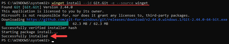 Installing Git on Windows using winget.