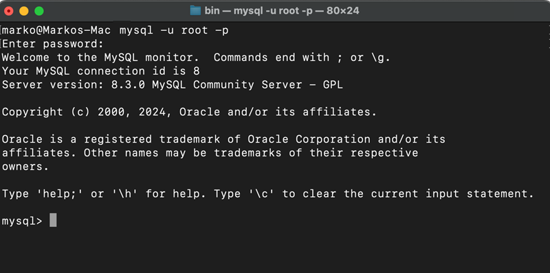 mysql -u root -p terminal output for macOS no error