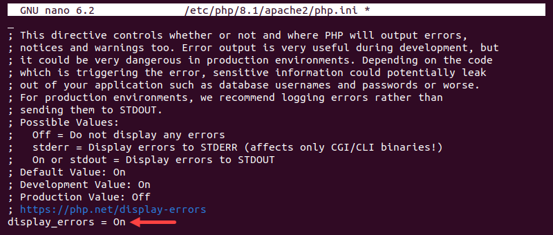 nano php.ini display_errors  = On