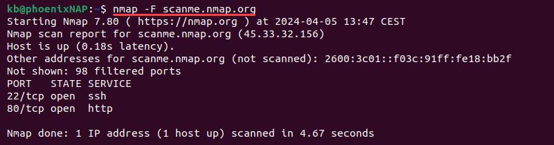nmap fast scan terminal output
