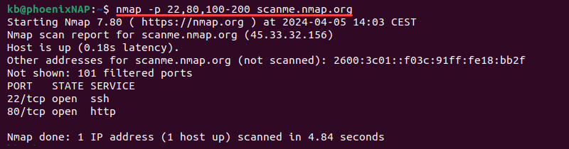 nmap port and range scan terminal output