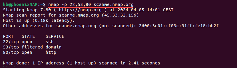 nmap port list scan terminal output