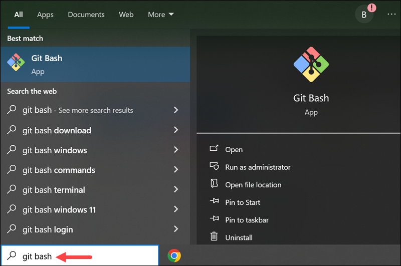 Launching Git Bash on Windows.