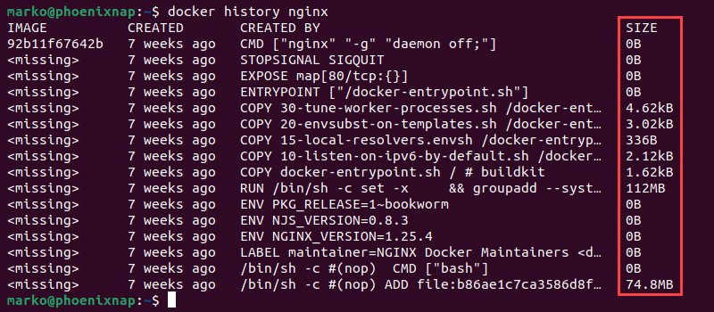 A list of image layers for the nginx Docker image, with the highlighted SIZE column.